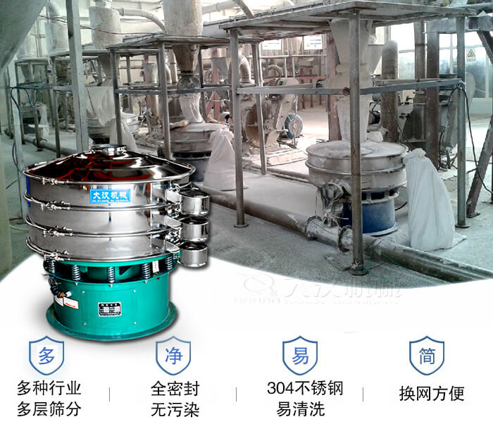 多種行業(yè)多層篩分采用全密封結(jié)構(gòu)，無污染。304不銹鋼材質(zhì)易清洗。同時(shí)換網(wǎng)方便。